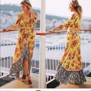 Farm Rio Anthropologie Marigold Yellow Sunlit Floral Mixed Print Wrap Dress S/M